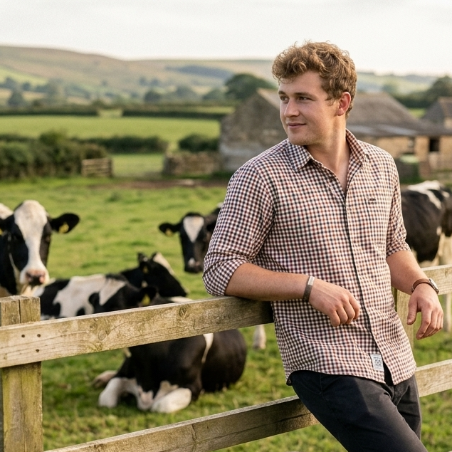 Man standing in a field with cows and a wooden fence
