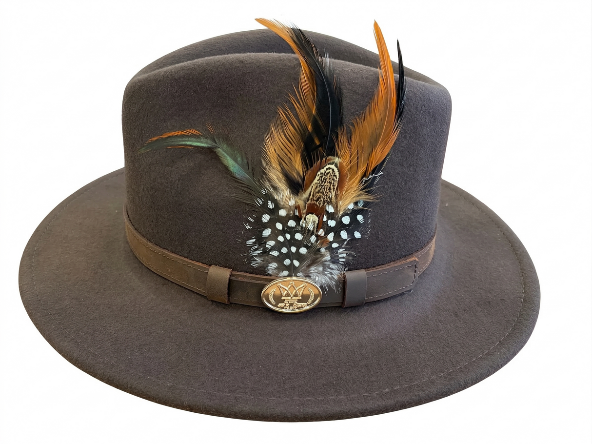 Hazy Blue Wool Felt Hat Fedora with Pheasant Feather - Megan