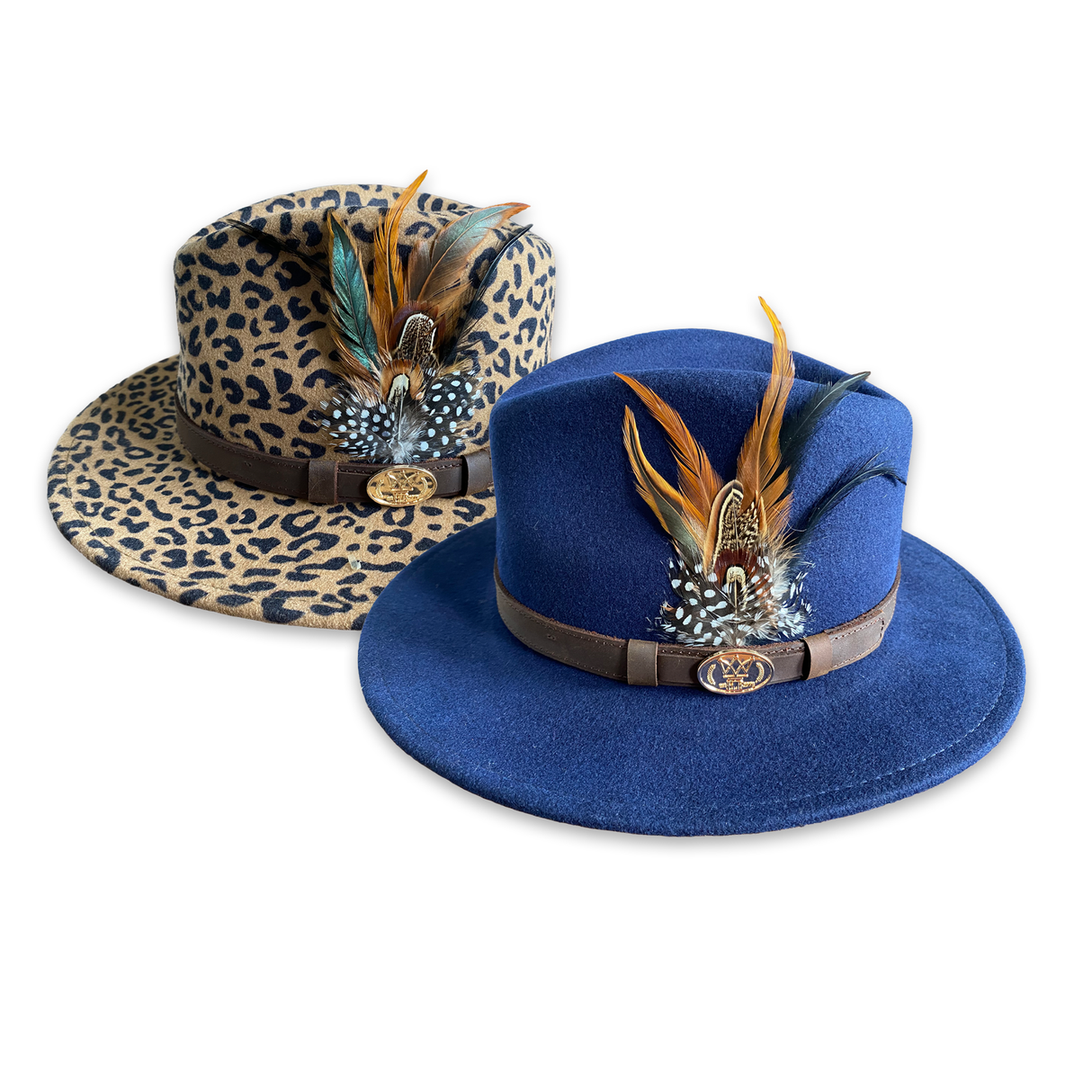 Hazy Blue Wide Brim Wool Felt Fedora with Pheasant Feather Band