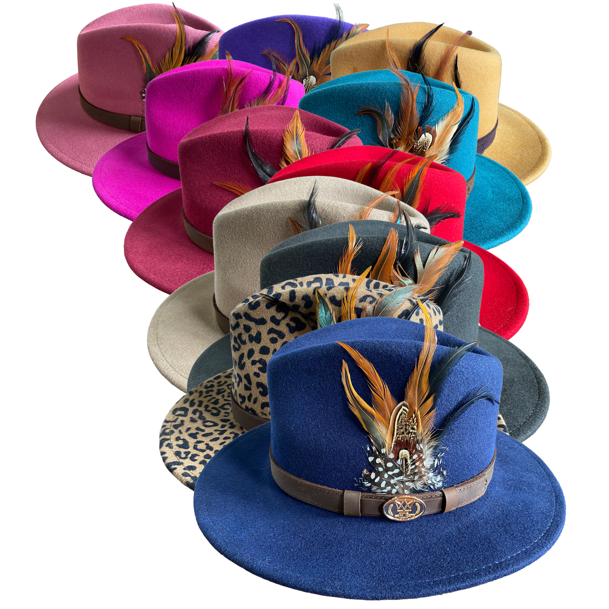 Hazy Blue Wide Brim Wool Felt Fedora with Pheasant Feather Band