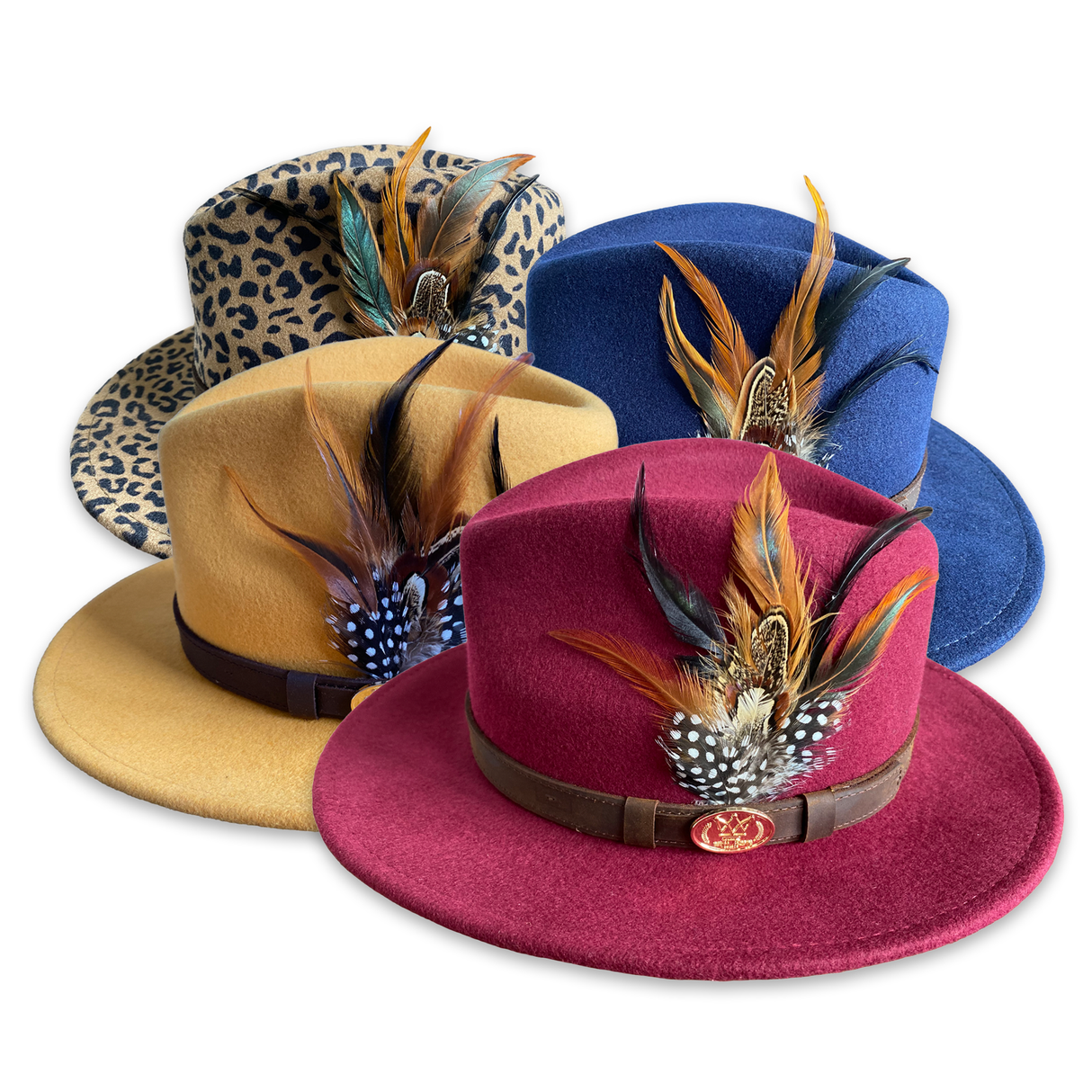 Hazy Blue Wide Brim Wool Felt Fedora with Pheasant Feather Band