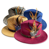 Hazy Blue Wide Brim Wool Felt Fedora with Pheasant Feather Band