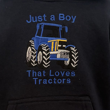 Hazy Blue Ryan Kids' Tractor Hoodie - "Just a Boy That Loves Tractors" - Just £14.99! Shop now at Warwickshire Clothing. 