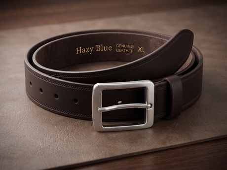 Brown leather belt with silver buckle on a brown surface
