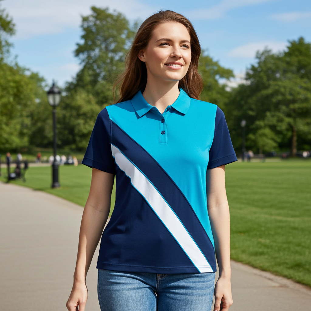 Hazy Blue Women's Striped Polo Shirt Chloe with Number 5 Detail