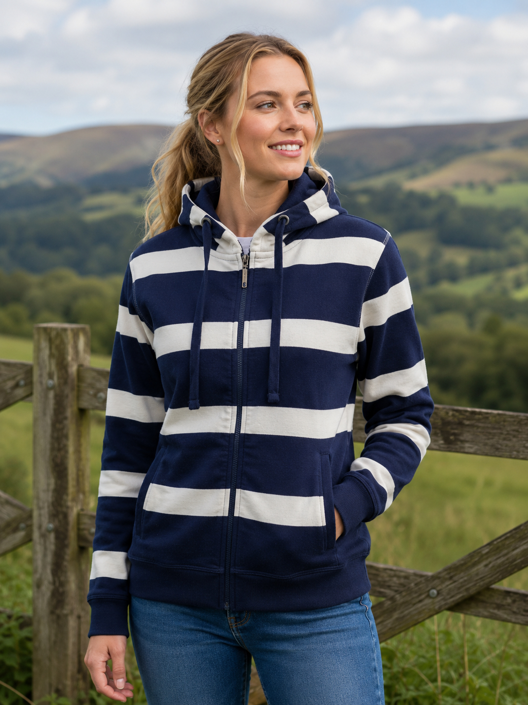 Woman wearing a navy and white striped hoodie standing in a scenic outdoor setting with mountains and greenery.