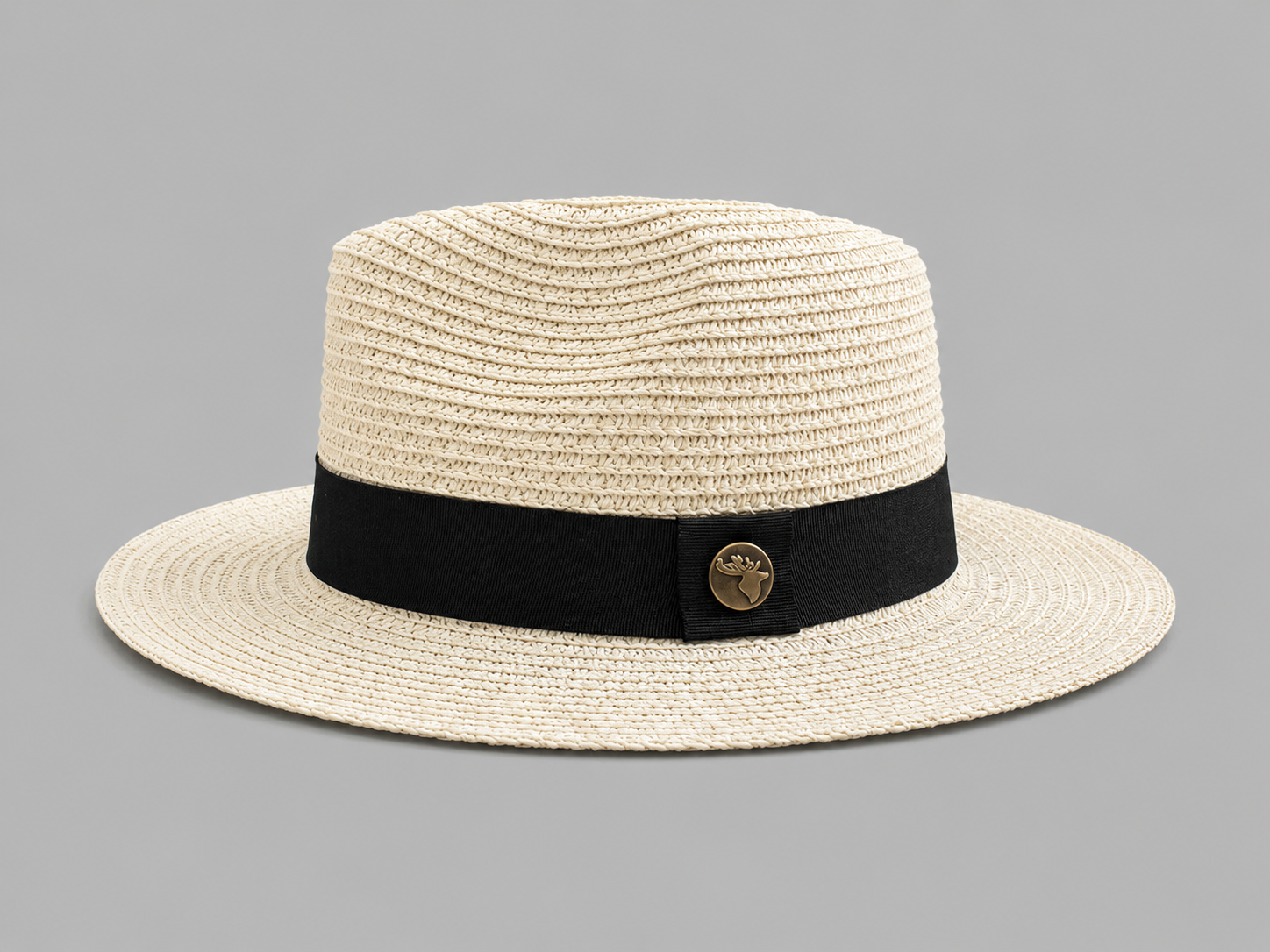 Beige straw hat with a black band and logo on a gray background