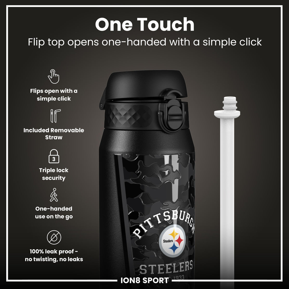NFL x ION8 Insulated Steel Water Bottle, NFL Steelers, 750ml (24oz)