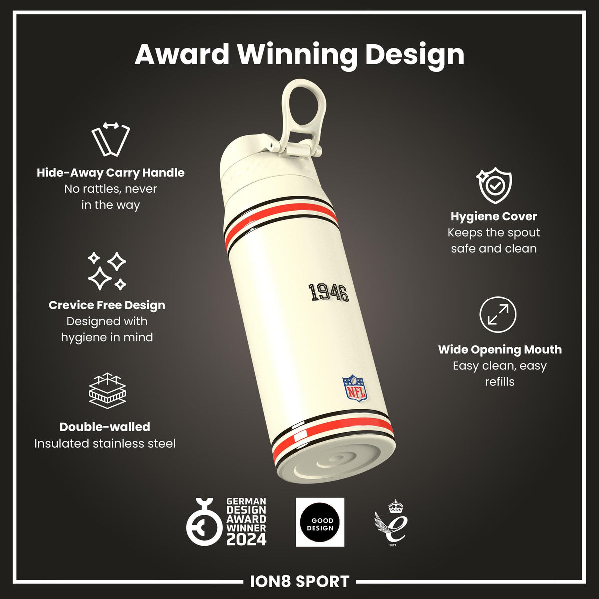 NFL x ION8 Insulated Steel Water Bottle, NFL Browns, 750ml (24oz)