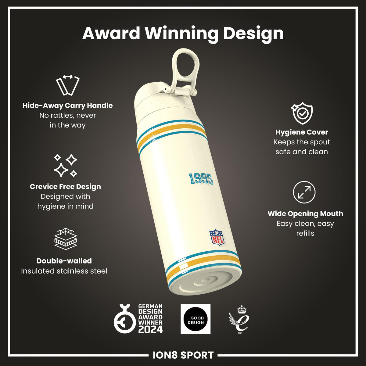 NFL x ION8 Insulated Steel Water Bottle, NFL Jaguars, 750ml (24oz)
