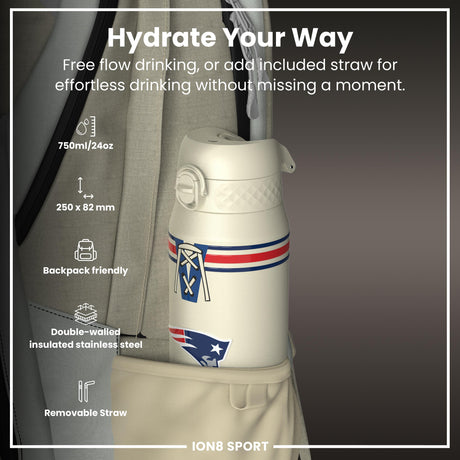 NFL x ION8 Insulated Steel Water Bottle, NFL Patriots, 750ml (24oz)