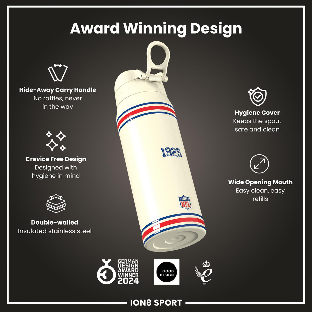 NFL x ION8 Insulated Steel Water Bottle, NFL Giants, 750ml (24oz)