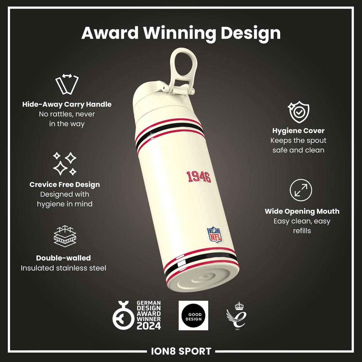 NFL x ION8 Insulated Steel Water Bottle, NFL 49ers, 750ml (24oz)