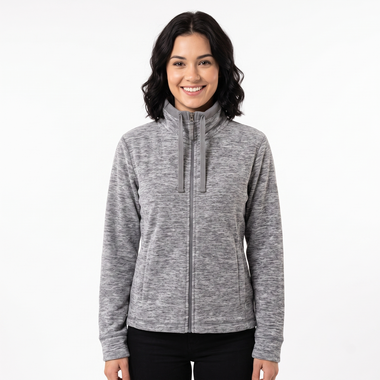 A woman wearing a heather gray zip-up fleece jacket with a stand collar, shown against a plain white studio background.
