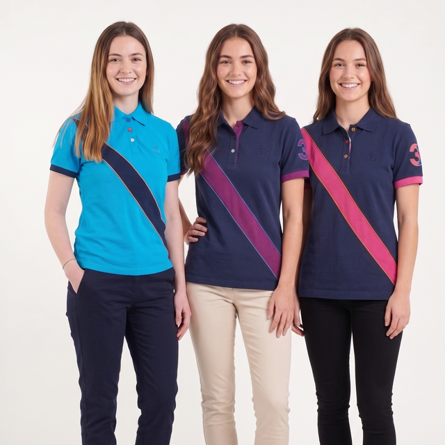 Three women modeling short-sleeve polo shirts with diagonal color-blocked stripes, standing against a plain white studio background. The shirts feature different colorways: one bright blue and navy, one navy and purple, and one navy and pink.
