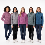 Five women standing side by side wearing heathered zip-up quarter-pull hoodies in different colors: purple, gray, magenta, sage green, and blue. They are paired with dark jeans and white sneakers against a plain white studio background.
