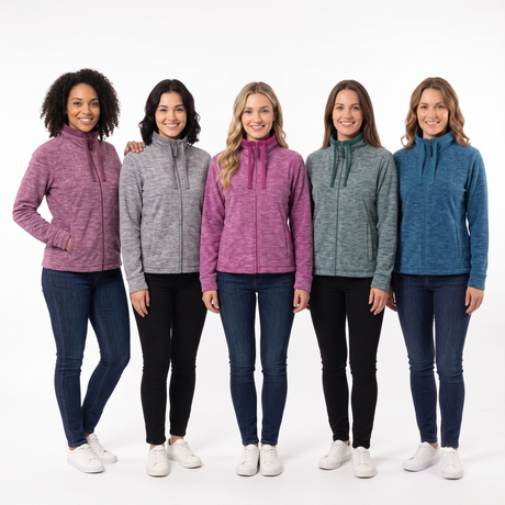 Five women standing side by side wearing heathered zip-up quarter-pull hoodies in different colors: purple, gray, magenta, sage green, and blue. They are paired with dark jeans and white sneakers against a plain white studio background.