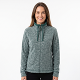 A woman wearing a heathered green full-zip fleece jacket with a high green collar, standing against a plain white background.