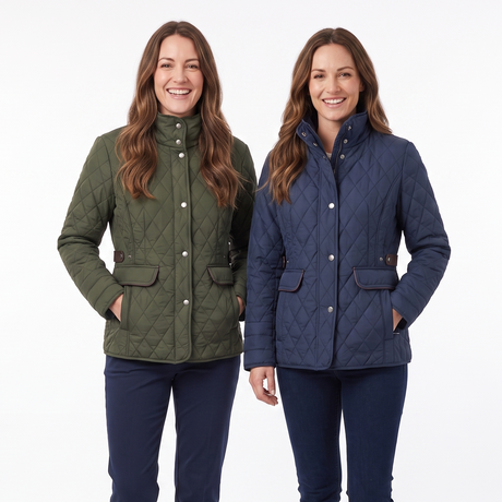 Two women modeling quilted jackets side by side against a plain white studio background. The woman on the left wears an olive green quilted jacket with dark navy pants, and the woman on the right wears a navy blue quilted jacket with dark navy pants.