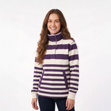 A woman modeling a purple and cream horizontally striped quarter-zip pullover sweatshirt against a plain white studio background.