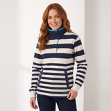 A woman modeling a navy and cream horizontally striped quarter-zip pullover sweater with a bright blue inner collar and zipper trim, paired with dark blue jeans against a clean white studio background.