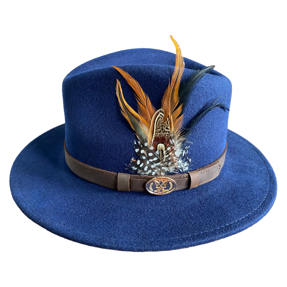 Hazy Blue Wide Brim Wool Felt Fedora with Pheasant Feather Band