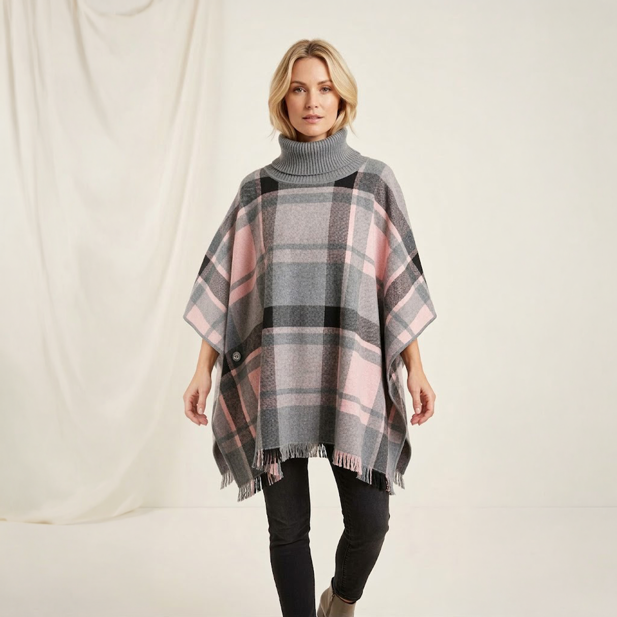 House of Tweed Roll Neck Check Poncho