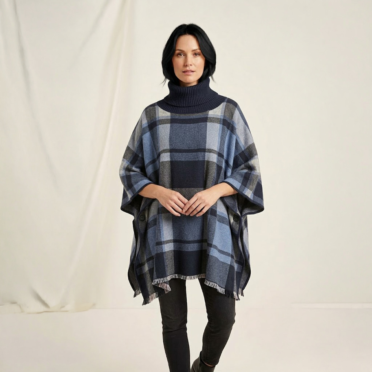 House of Tweed Roll Neck Check Poncho