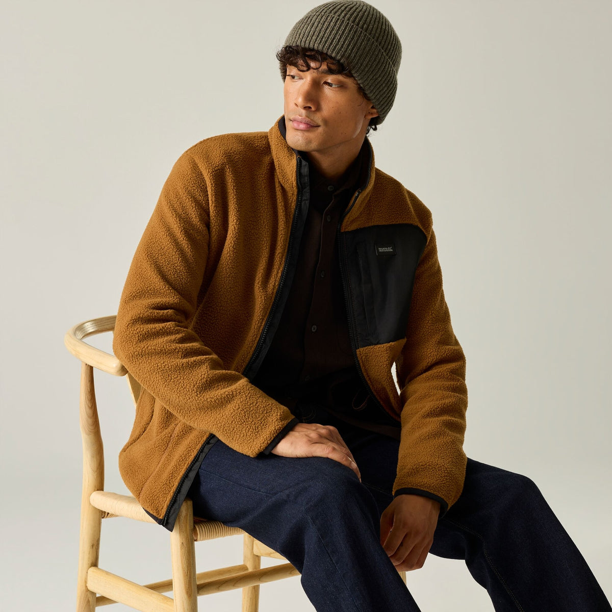 Men's Frankie Borg Full Zip Fleece Rich Tan Black