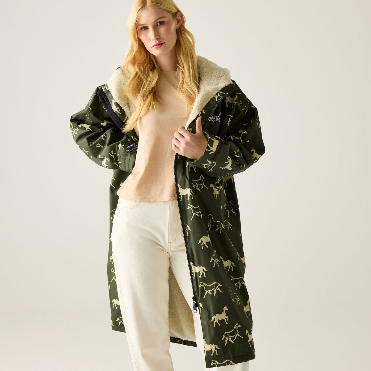 Adult's Waterproof Changing Robe - Dark Khaki Horses