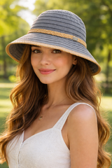 Ladies bucket hat with straw trim