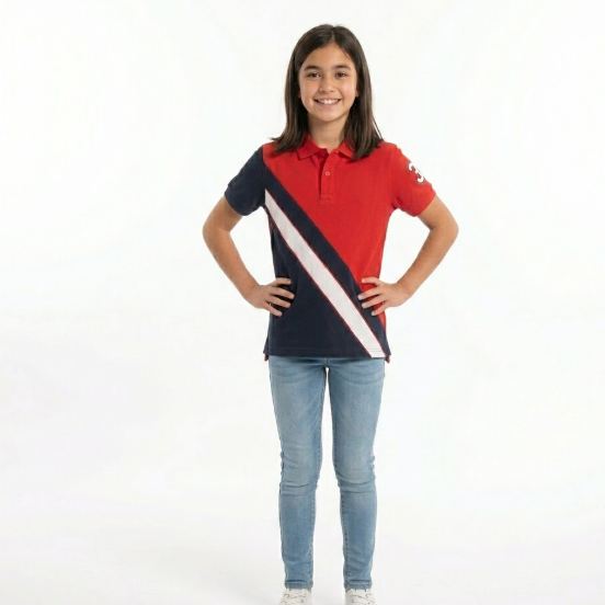Girl wearing a red, white, and blue striped shirt on a white background