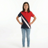 Girl wearing a red, white, and blue striped shirt on a white background