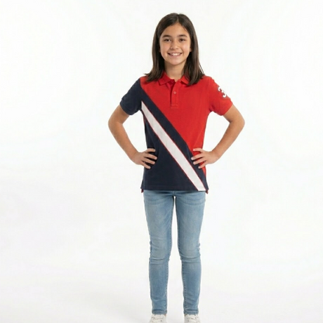 Girl wearing a red, white, and blue striped shirt on a white background