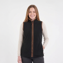 Woman wearing a black vest with a brown zipper on a white background