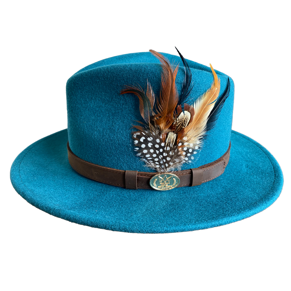 Hazy Blue Wide Brim Wool Felt Fedora with Pheasant Feather Band