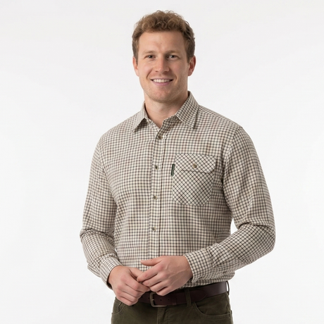 Man wearing a checkered shirt and green pants on a white background