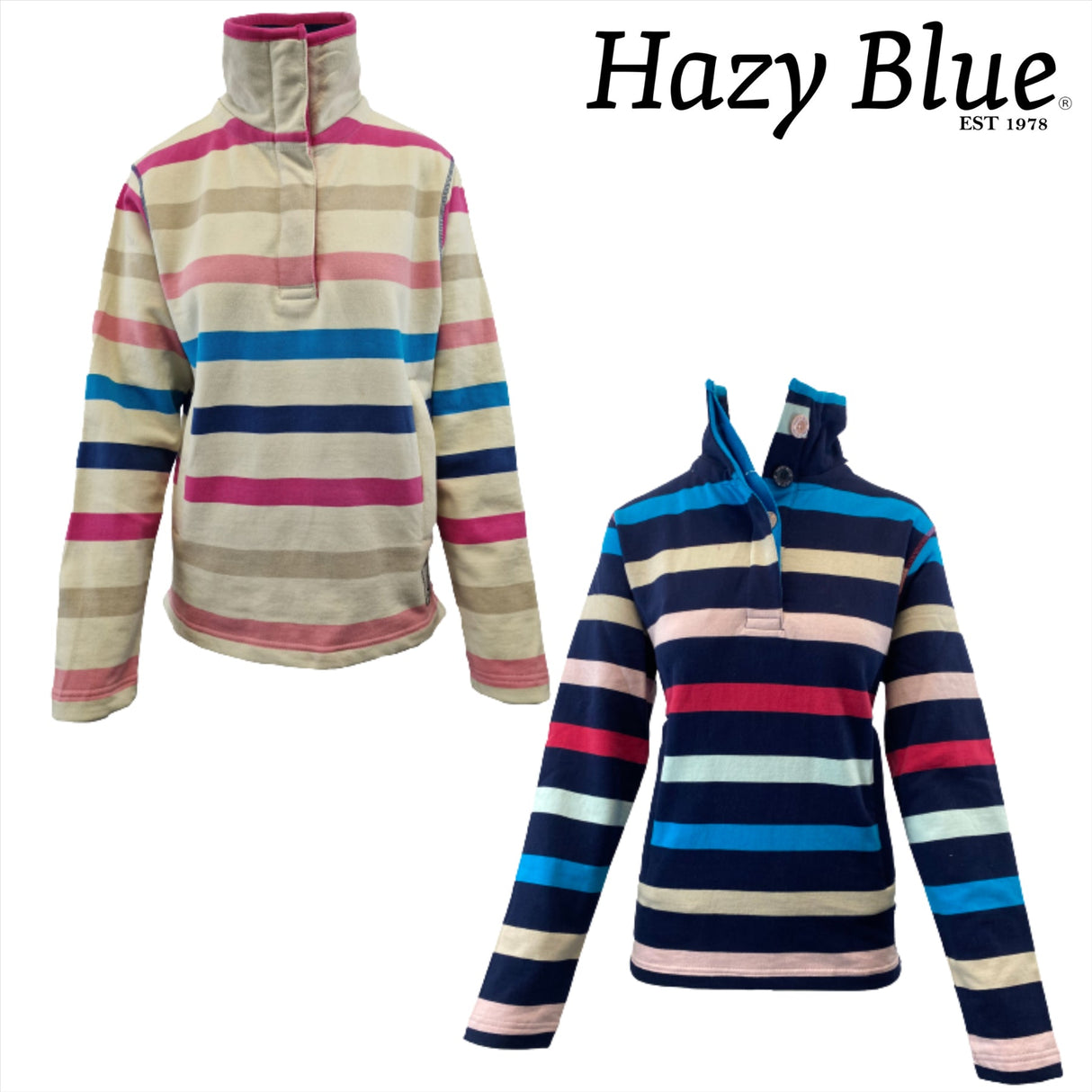 Hazy Blue Katie  Sweatshirt Top Striped Button Navy Pink - Premium clothing from Hazy Blue - Just $29.99! Shop now at Warwickshire Clothing