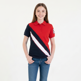 Person wearing a red, black, and white striped polo shirt with blue jeans on a white background