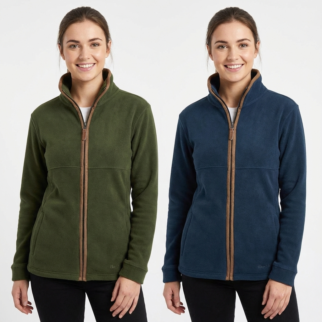 Two women wearing green and blue fleece jackets with brown zippers on a white background.