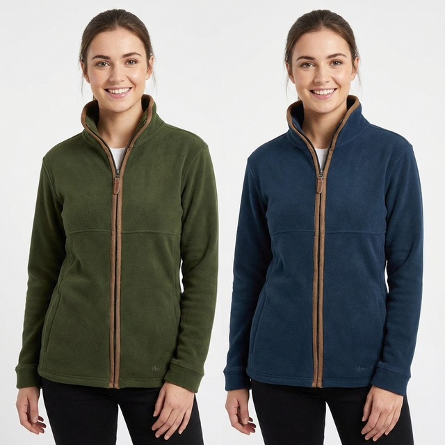 Two women wearing green and blue fleece jackets with brown zippers on a white background.