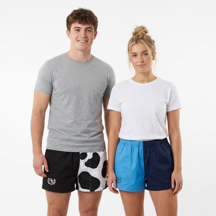 Two people wearing casual clothing with shorts on a white background