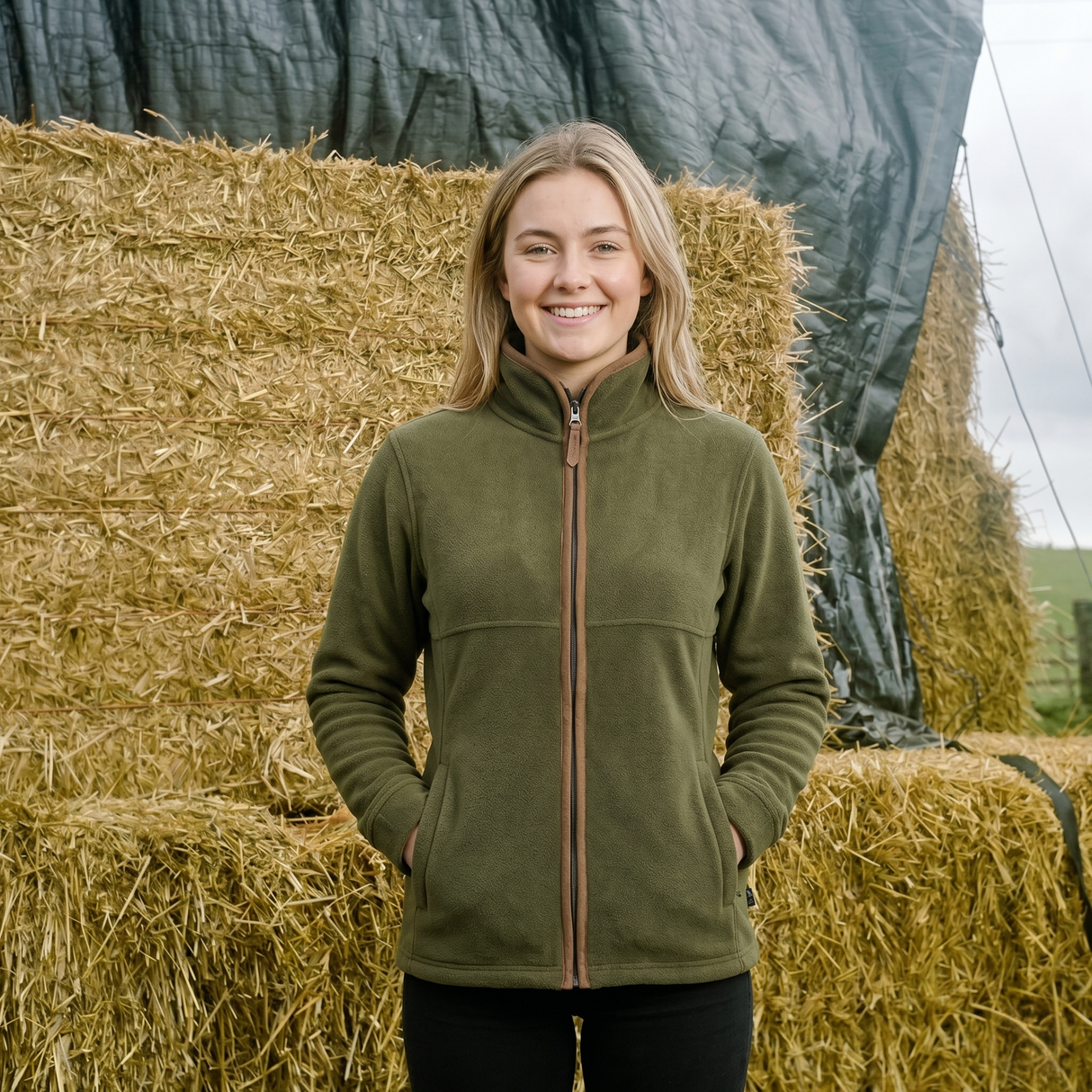 Woman in a green jacket standing in front of hay bales