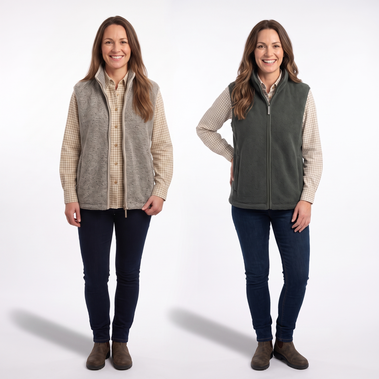 Two women modeling fleece zip-up vests side by side against a white studio background. The vest on the left is heather taupe, and the vest on the right is dark olive green.