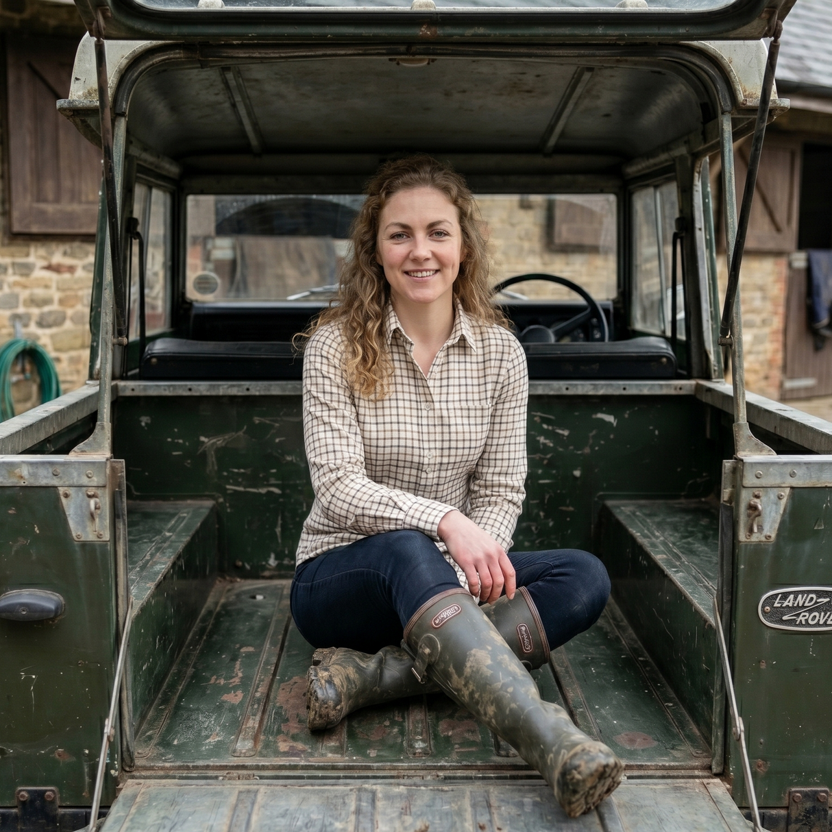Woman sitting in the back of a vintage Land Rover vehicle.