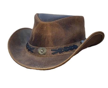 Childrens Kids Real Leather Australian Western Cowboy Tan Crazy Horse Bush Hat - Troy - Just £16.99! Shop now at Warwickshire Clothing. 