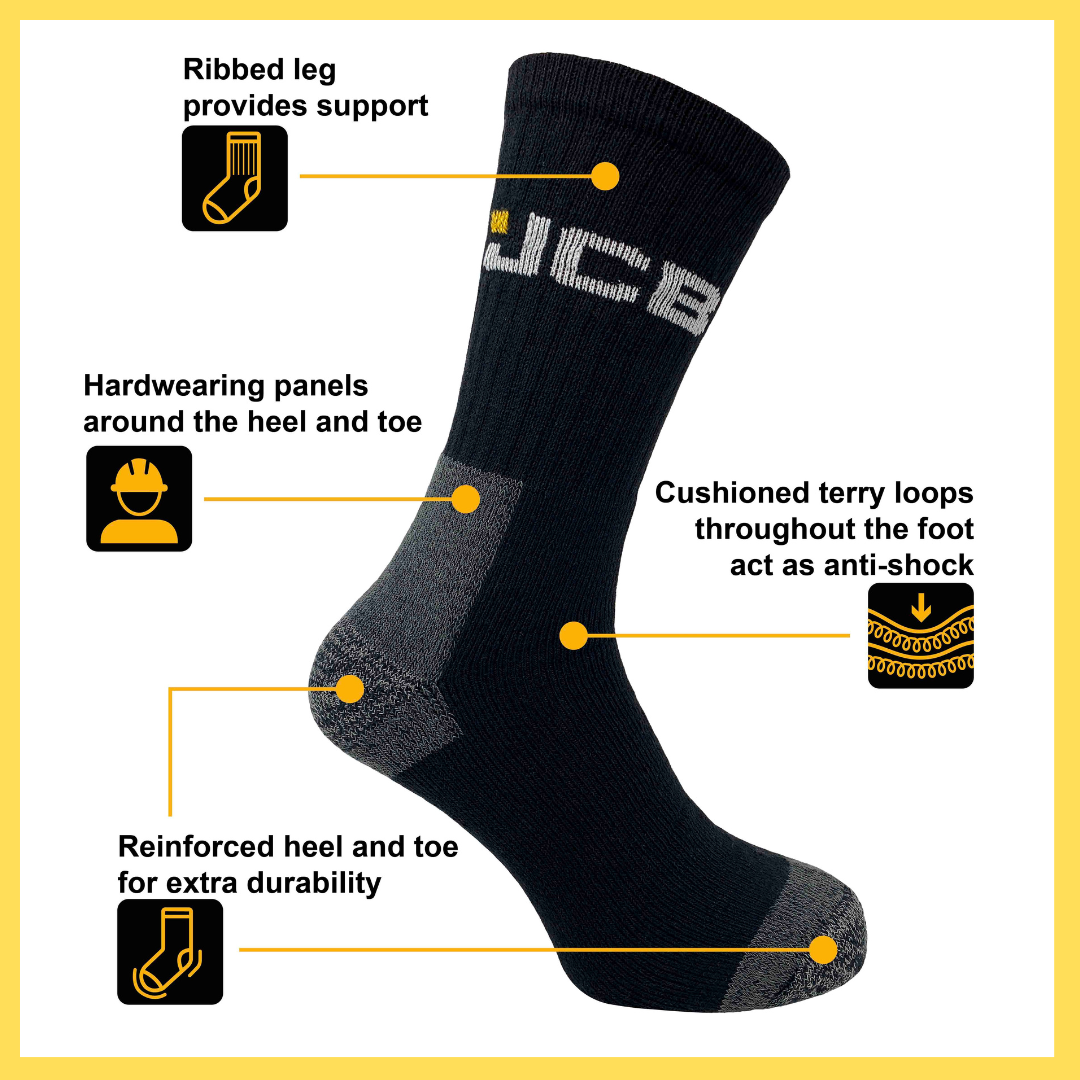 Men's Black Work Socks | JCB Workwear Range | 3 Pairs | U.K. Size 6-11 - Just £9.99! Shop now at Warwickshire Clothing. 