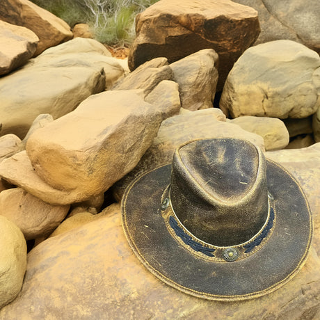 Childrens Kids Real Leather Australian Western Cowboy Tan Crazy Horse Bush Hat - Troy - Just £16.99! Shop now at Warwickshire Clothing. 