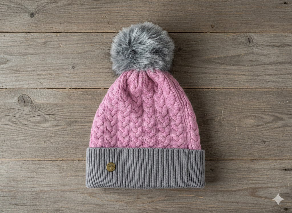 House of Tweed Luxury Plaited Ladies Pom Pom Bobble Beanie Hats