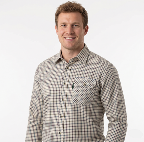 Man wearing a checkered shirt on a white background